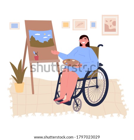A woman in a wheelchair draws on an easel in her room. Active life of a disabled person.Creative hobby.Home interior.Vector flat style cartoon illustration on white background. 