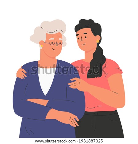 Happy adult daughter hugging old mother feeling love to each other. Portrait of young woman hugging her grandma. Friendly family relationship. Cartoon vector flat illustration on white background. 