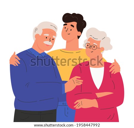 Portrait of happy family hugging each other. Adult man embracing mature parents or grandparents isolated on white background. Parents with child feeling love. Vector illustration in flat style.