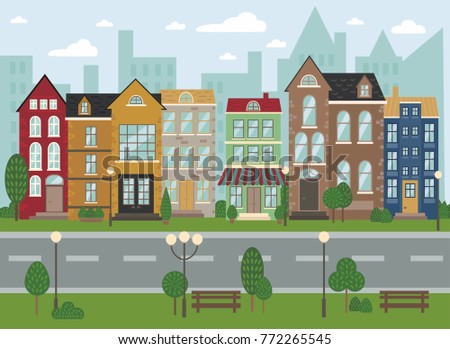 Traditional European architecture, old town houses. Streetview. Amsterdam dutch style houses. Vector illustration design template