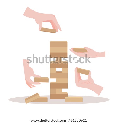 Tower balance game with hands. Wooden stack risk block toy for two or more persons. Take and put process. Vector illustration isolated on white background