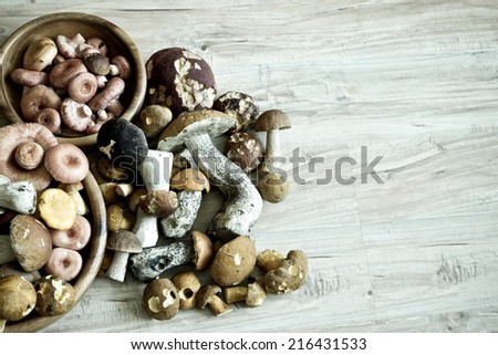 Mixed mushrooms in wooden bowls on wooden background wallpaper. Image with vintage filter