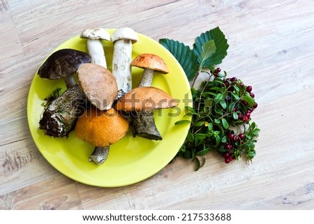 Fresh mushrooms on yellow dish with cranberries and autumn leaves