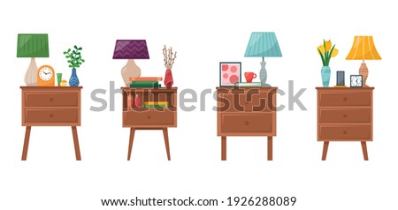 Set of bedside tables with lamp, clock, vase with flowers, books, phone, cream for hand and face, vector illustration