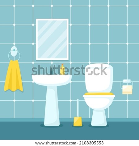 Interior of toilet room with sink, mirror and toilet, vector illustration