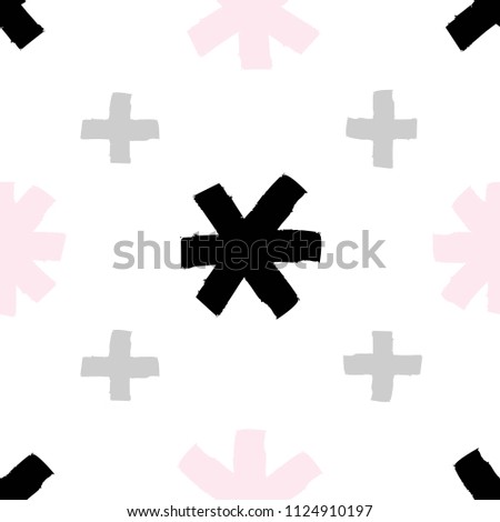 Seamless pattern with asterisks and crosses. Pink, black and gray crosses and asterisks on a white background. Suitable for printing on textiles, fabrics, clothes, wallpaper. Vector illustration in th