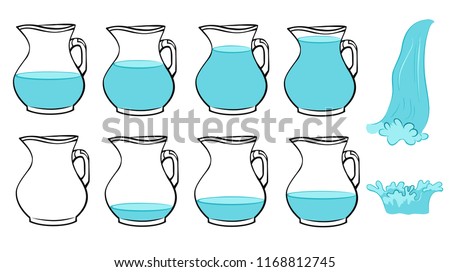 Vector set of frames  full and poor jug, splash water and pouring