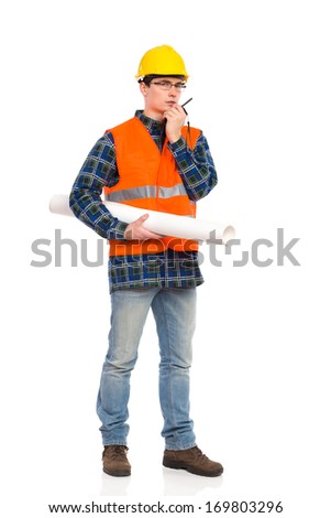 Construction worker in glasses holds paper roll and using walkie-talkie. Full length studio shot isolated on white.