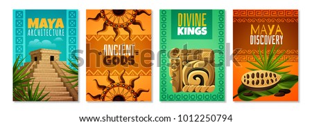 Maya civilization cartoon posters with divine kings ancient gods architecture landmark decorative symbols isolated vector illustration