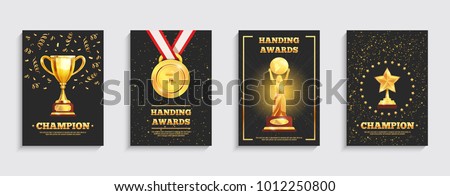 Championship winner trophy gold medal award symbol  4 realistic festive black background posters collection isolated vector illustration 