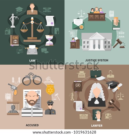 Law design concept with round compositions of flat crime and justice related icons with human characters vector illustration