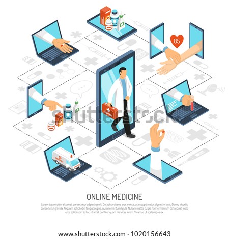 Online medical specialist consultations virtual doctor visit from home office on phone isometric background composition vector illustration 