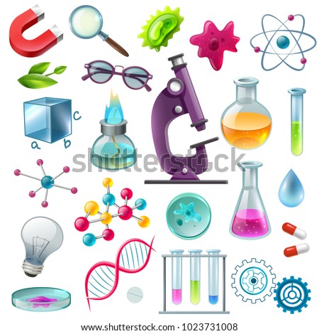 Science decorative icons set with flask beaker microscope magnet atom model spirit lamp symbols cartoon vector illustration 