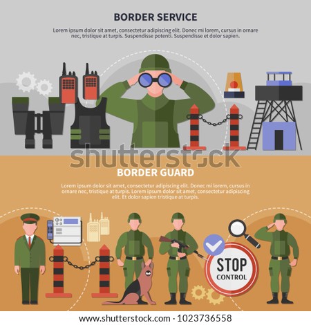 Two horizontal border service banners set with guards wearing uniform flat isolated vector illustration