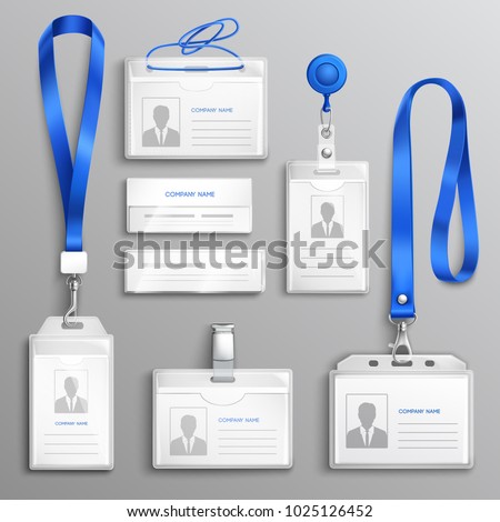 Clear plastic badges id cards holders collection with blue neck lanyards and retractable reel clip realistic vector illustration 