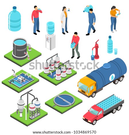 Water purification set of isometric icons with treatment plant, clean drink in plastic bottles isolated vector illustration 