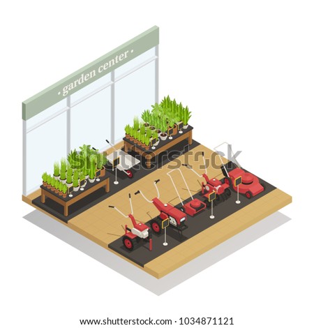 Garden center young plants and agricultural equipment sale isometric composition with lawn mowers and wheelbarrow vector illustration 