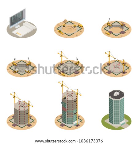 Skyscraper construction process progress 9 isometric icons collection from project design to final building isolated vector illustration 