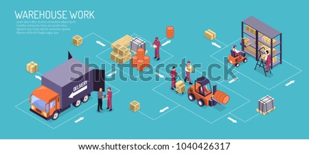 Warehouse work horizontal illustration with isometric logistic flowchart from  stacking and storage to delivery cargo transport vector illustration