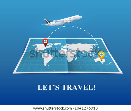 Travel by airplane realistic composition on blue background with world map and flight route, vector illustration 