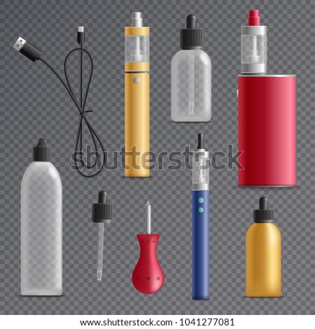 Vaping realistic set on transparent background with isolated images of refill bottles vaporizers and charging wire vector illustration