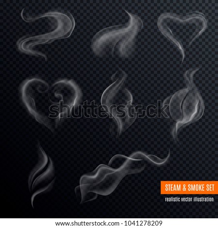 Steam smoke realistic set with hart and swirl shaped white on dark transparent background isolated vector illustration