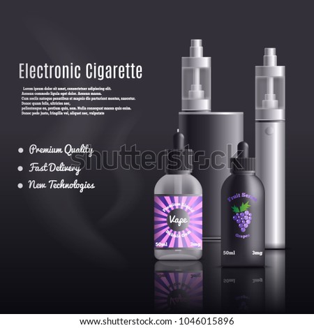 Vaping identity realistic composition with editable advertising text and images of vape devices with refill liquid vector illustration