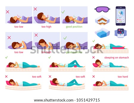 Correct sleeping cartoon set of flat isolated images with female human characters and isometric orthopedic inserts vector illustration