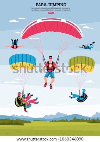 Parajumping poster with parachuting and para gliding symbols flat vector illustration Stock foto © 