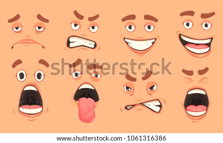 Men cute mouth eyes facial expressions gestures of surprise fear disgust sadness pleasure cartoon set vector illustration 