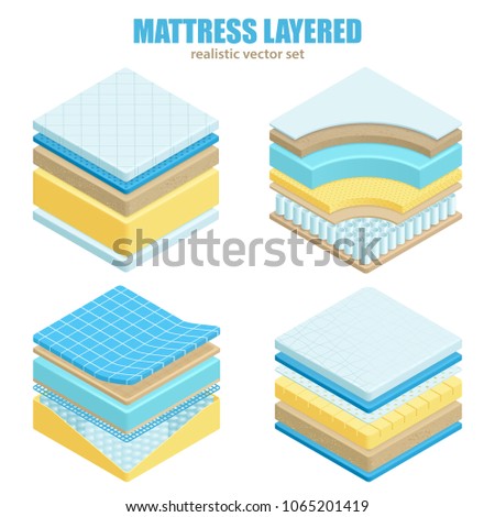 Orthopedic set of different bed mattress layers material and structure for correct spine sleeping position realistic vector illustration 