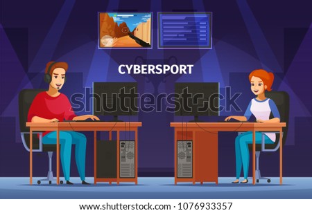 Cybersport games playing at desktop 2 cartoon characters composition with girl and teenager wearing headset vector illustration  