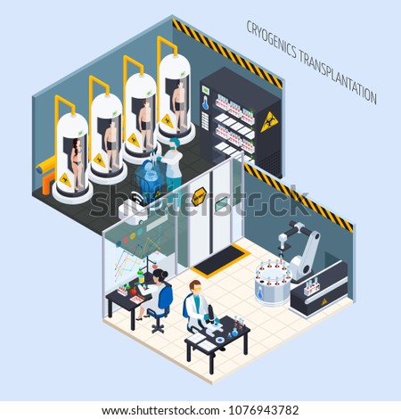 Cryonics cryogenics transplantation isometric composition with view of two cryogeny lab rooms with people and equipment vector illustration