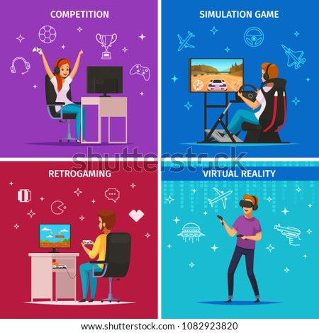 Cybersport playing characters 4 cartoon icons square concept with competitive computer simulation sport games isolated vector illustration 