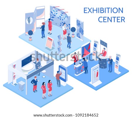 Exhibition center isometric compositions with people looking at expo stands  in gallery hall and communicating with staff vector illustration