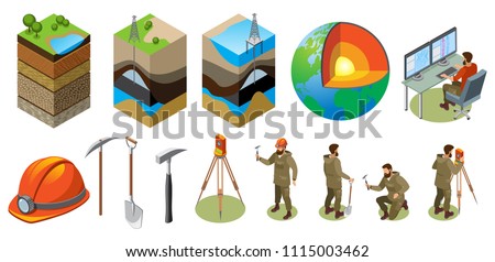 Earth exploration isometric icons, structure of globe, soil layers, scientific laboratory, geological tools, isolated vector illustration  Foto stock © 