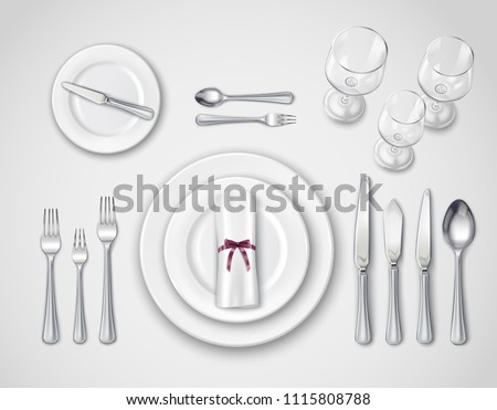 Table setting realistic top view with modern cutlery set serving for one person 3d vector illustration