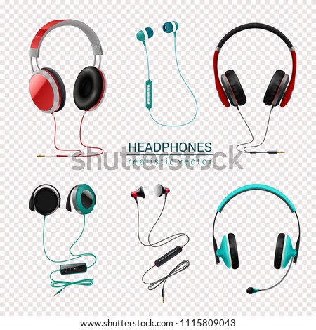 Headsets earphones various types earbuds in-ear headphones realistic colored set transparent background isolated vector illustration