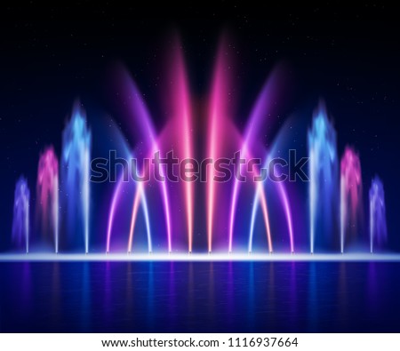 Large multi colored decorative dancing water jet led light fountain show at night realistic image vector illustration 