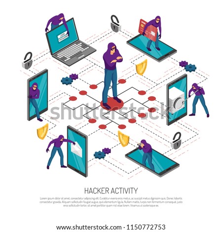 Hacker stealing money and personal information isometric flowchart on white background 3d vector illustration