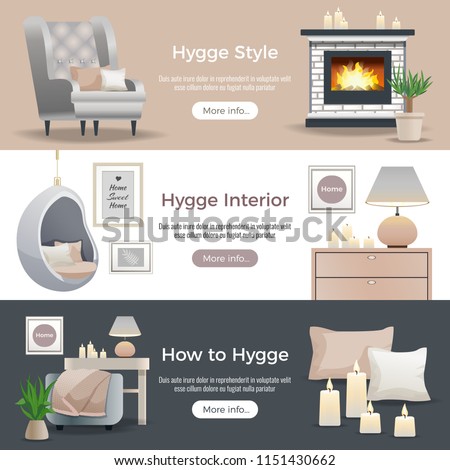 Scandinavian hygge style interior design 3 horizontal website banners with fireplace reading nooks candles pillows vector illustration 