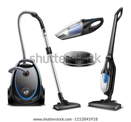 Set of realistic vacuum cleaners of various types isolated on white background vector illustration