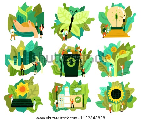 Ecological restoration set of flat icons saving forest green energy eco friendly city isolated vector illustration  