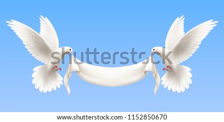 Horizontal composition with two white flying doves on blue background holding empty white banner in its beak as symbol of peace and harmony realistic vector illustration