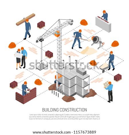Isometric builder architect composition with isolated human characters and elements of building connected with dashed lines vector illustration