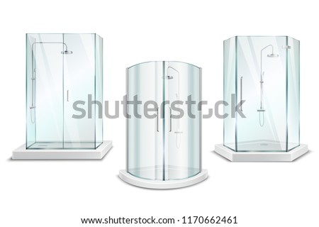 Shower cabin realistic 3d collection with isolated images of glossy shower units with doors on blank background vector illustration