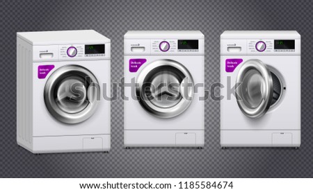 Three empty washing machines in white and silver color set isolated on transparent background realistic vector illustration