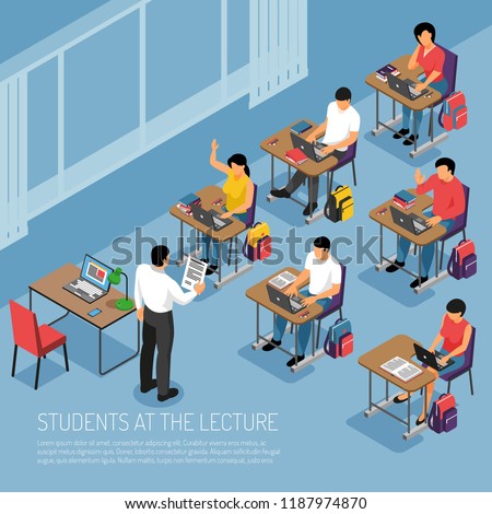 Higher education students taking notes at tutorial lecture participating in seminar seminar classes isometric composition vector illustration 