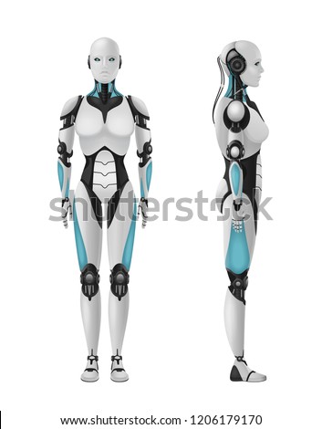 Robot android female realistic 3d composition of humanoid robot with feminine body on blank background vector illustration