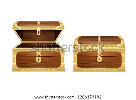 Wooden chest realistic set with images of opened and closed empty treasure coffers on blank background vector illustration